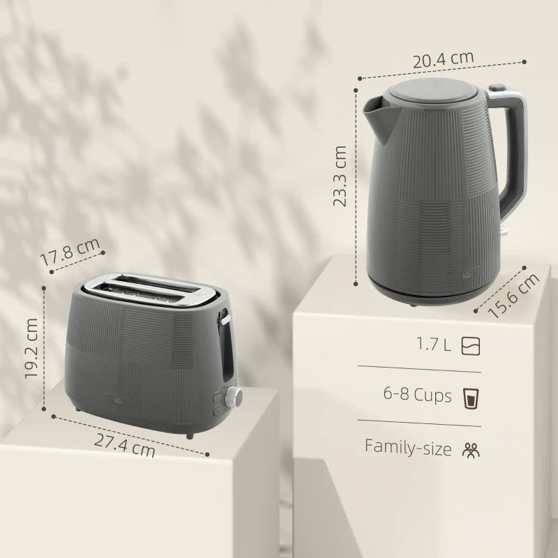 Premium Grey Kettle & Toaster Set - 1.7L Fast Boil Kettle 3000W & 2 Slice Toaster with 7 Browning Levels