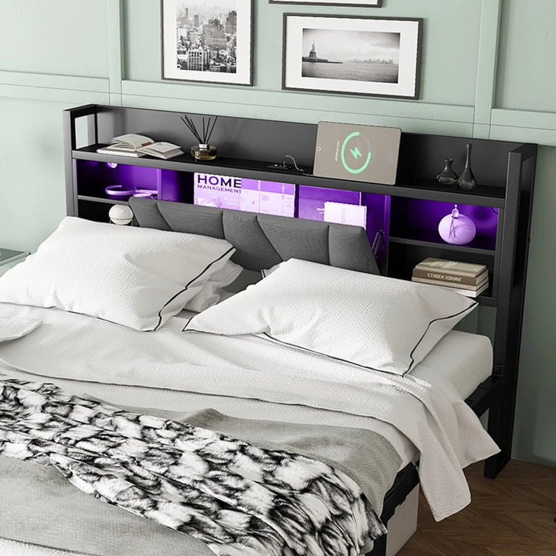 Modern Metal Bed Frame with LED Lights & Charging Ports, Storage Drawers, Padded Headboard, 209x137.5x100 cm, Black