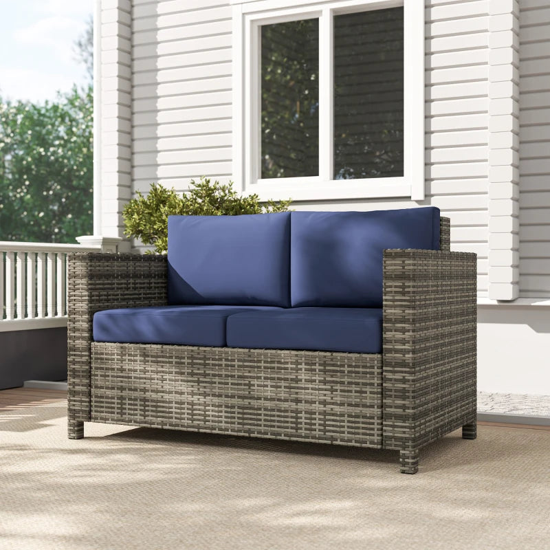 Navy Blue Rattan 2 Seater Garden Sofa with Soft Padded Cushions and Armrests - Wicker Loveseat for Patio