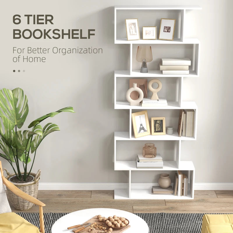 6-Tier S-Shaped Bookcase - Modern White Storage Unit & Display Shelf for Living Room, Bedroom, Home Office, Plants