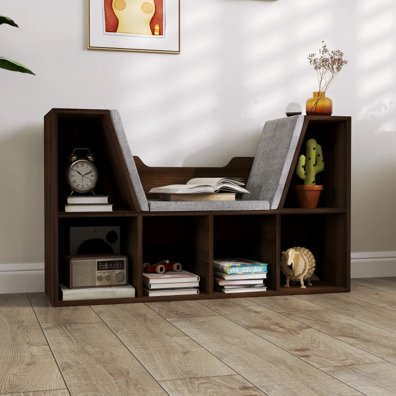 Chestnut Bookcase Storage Shelf with Cushioned Reading Seat - Cube Bookshelf Organizer for Bedroom & Living Room