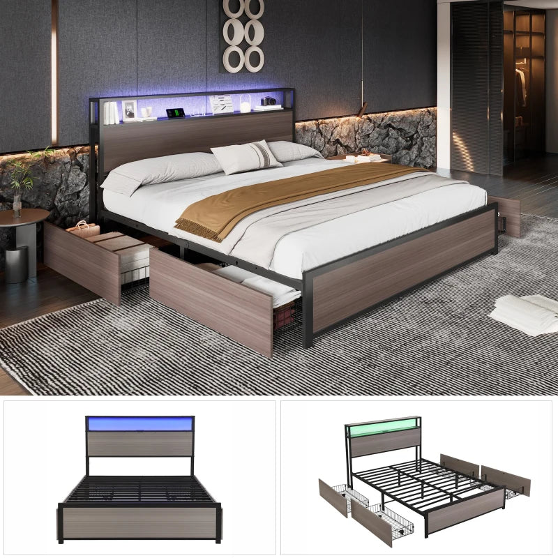 Metal Double Bed with LED Light Strip, 4 Drawers & 3 USB Ports - Stylish Gray Bedroom Furniture, 207x135.5x105 cm