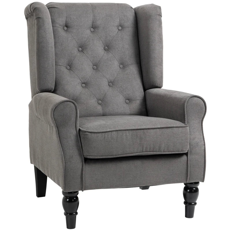 Stylish Retro Linen Wingback Armchair with Button Tufting and Wooden Frame for Living Room or Bedroom, Dark Grey