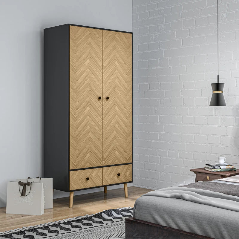 Stylish Modern Wardrobe Cabinet with Wood Grain Finish Shelf Hanging Rod and Drawers 90x50x190cm