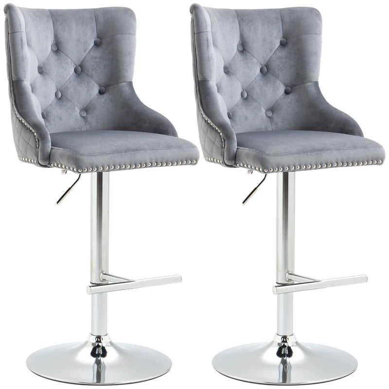 Modern Velvet Bar Stools Set of 2 - Adjustable Swivel Design with Button Tufted Back & Nailhead Trim, Grey