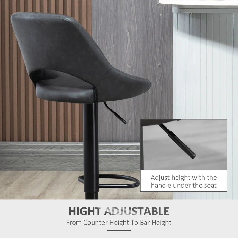 Set of 2 Grey PU Leather Swivel Bar Stools with Backrest & Footrest for Kitchen, Counter & Breakfast Bar