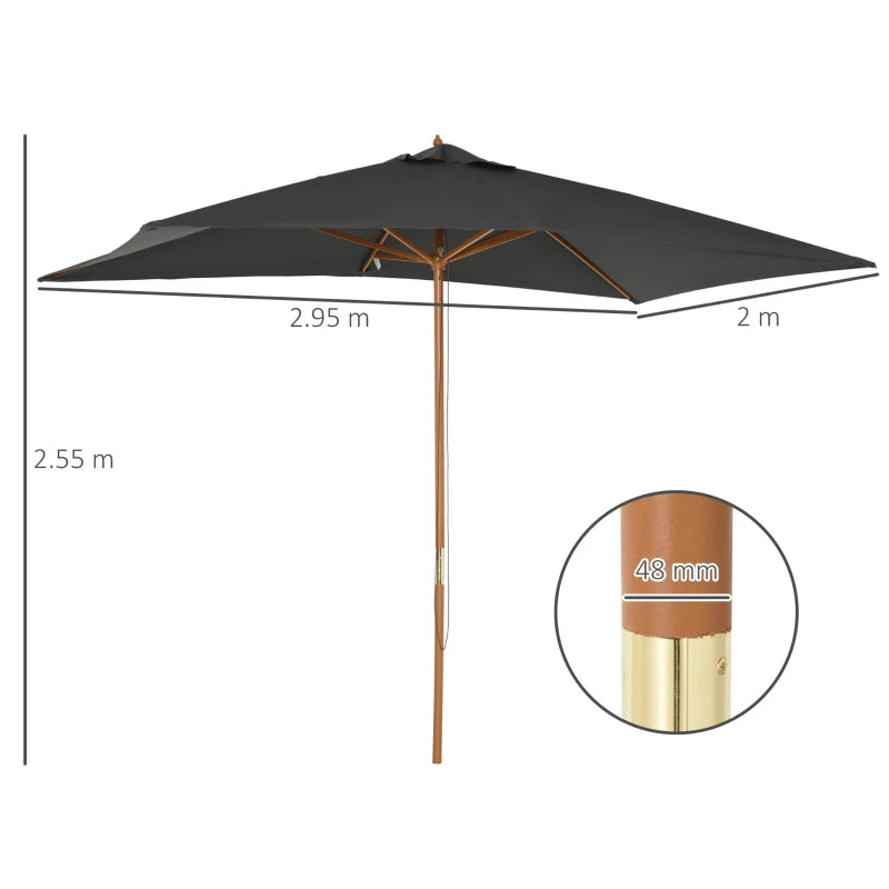 Dark Grey 2x3m Wooden Garden Parasol Umbrella