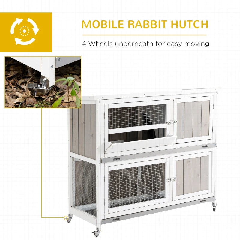 White Wooden Pet Hutch - Two-Tier Cage with Rain Cover & Wheels for Easy Mobility - Perfect for Rabbits & Small Pets