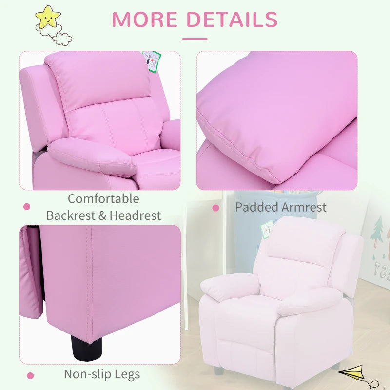 Kids Pink Sofa Armchair Recliner - PU Leather Toddler Lounger with Storage for Games & Playtime
