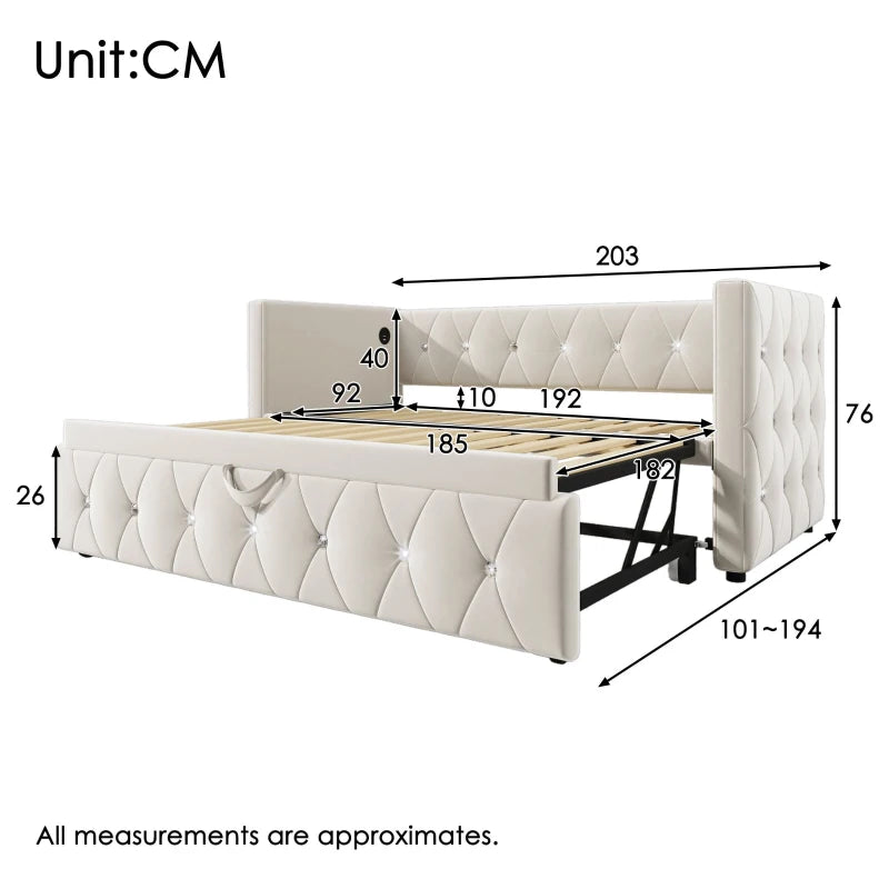 3 Seater Futon Bed with Fast Charging Ports and Removable Trundle for Overnight Guests Beige