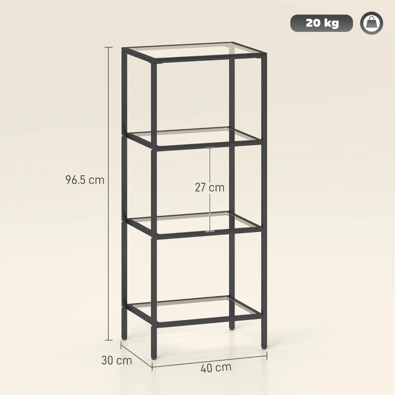 4-Tier Glass Shelving Unit - Stylish Vertical Storage Shelf for Living Room, Home Office, Bedroom & Bathroom - Black