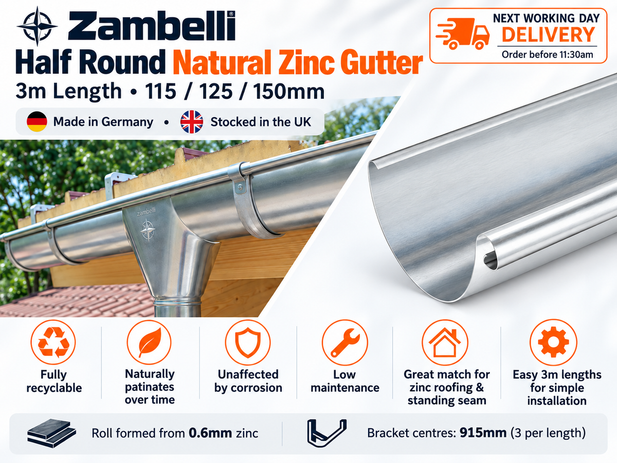 Zambelli 115mm Half Round Natural Zinc Gutter 3m Length