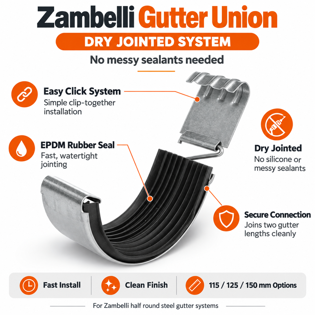 Zambelli 115mm Half Round Galvanised Steel Gutter Union