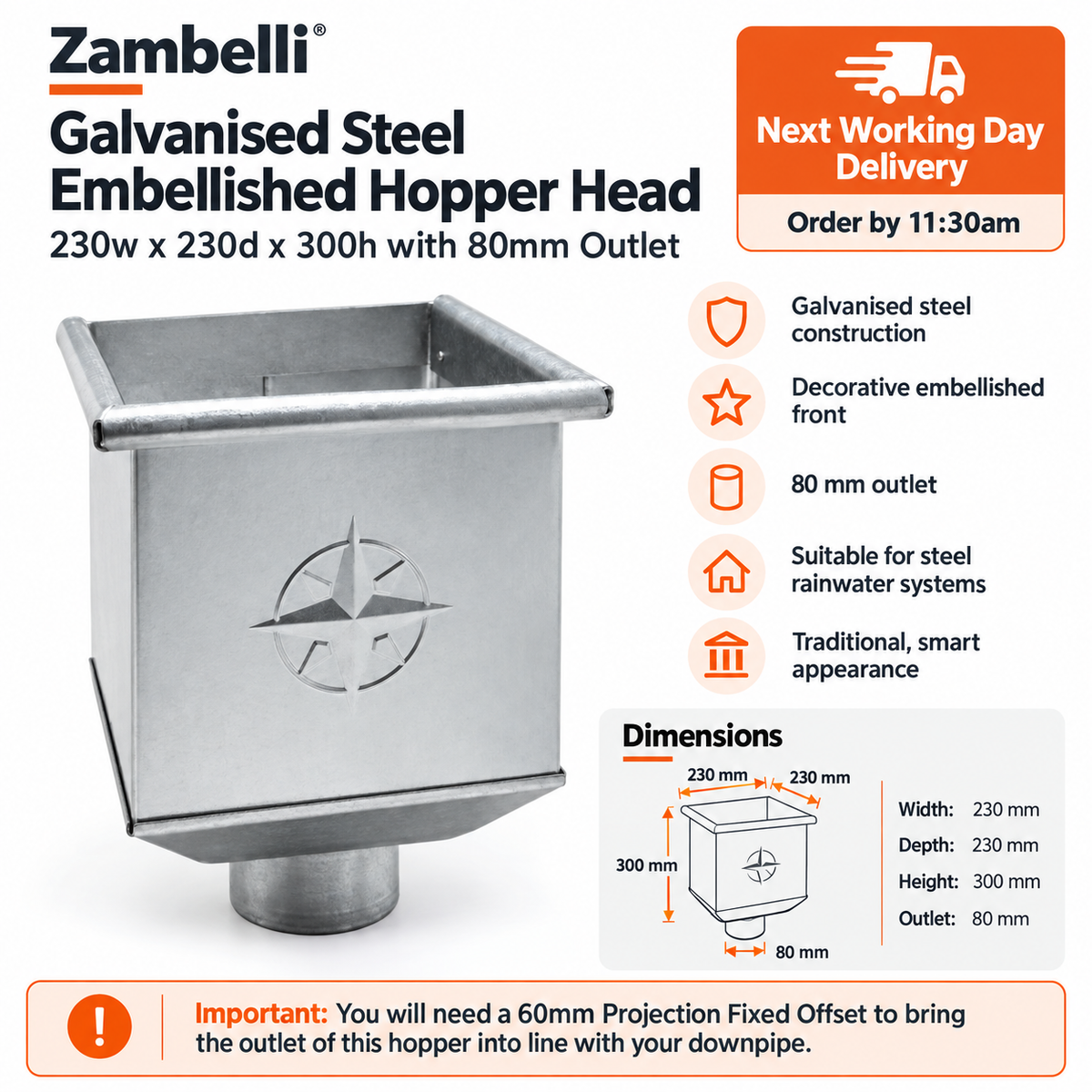 Galvanised Steel Hopper Head 230w x 230d x 300h with 80mm Outlet