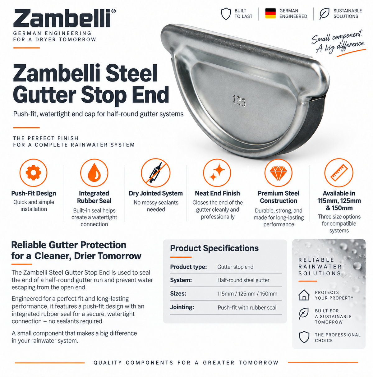 Zambelli 115mm Half Round Galvanised Steel Gutter Stop End