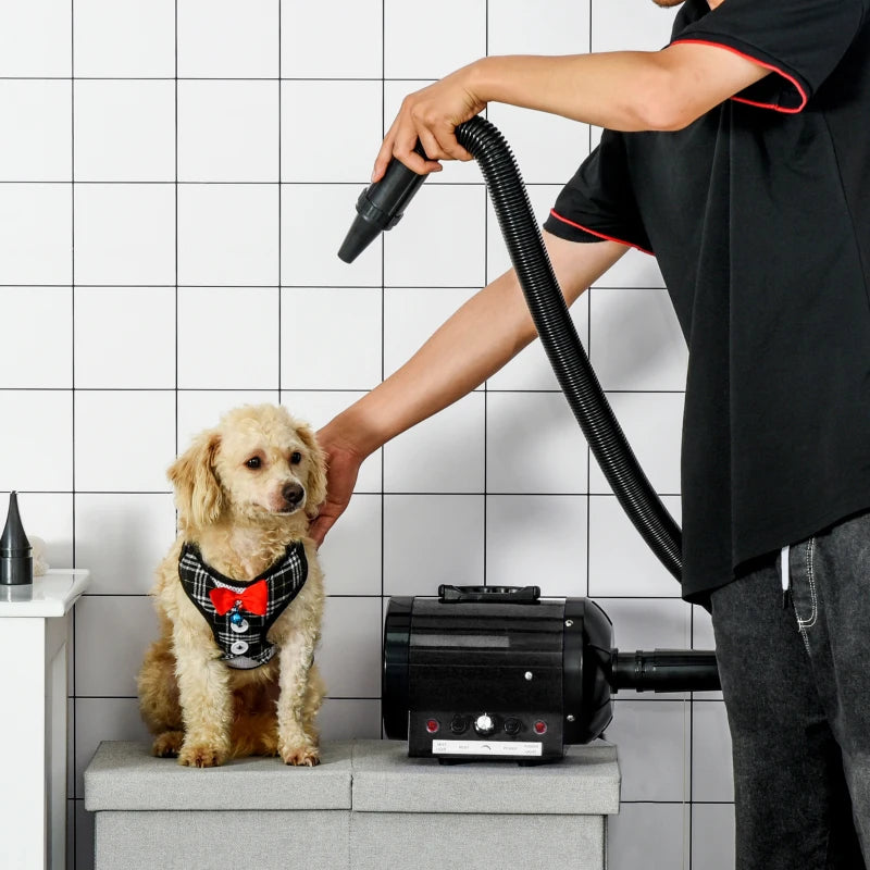 Professional Dog Hair Dryer - Adjustable Speed & Temperature Pet Grooming Blaster with 2.1M Hose & 3 Nozzles - Black
