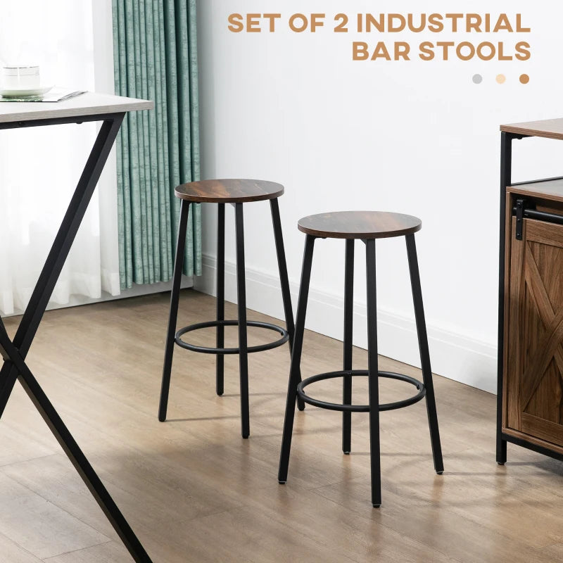 Set of 2 Industrial Bar Stools - 65cm High Rustic Brown Kitchen Chairs with Sturdy Steel Frame