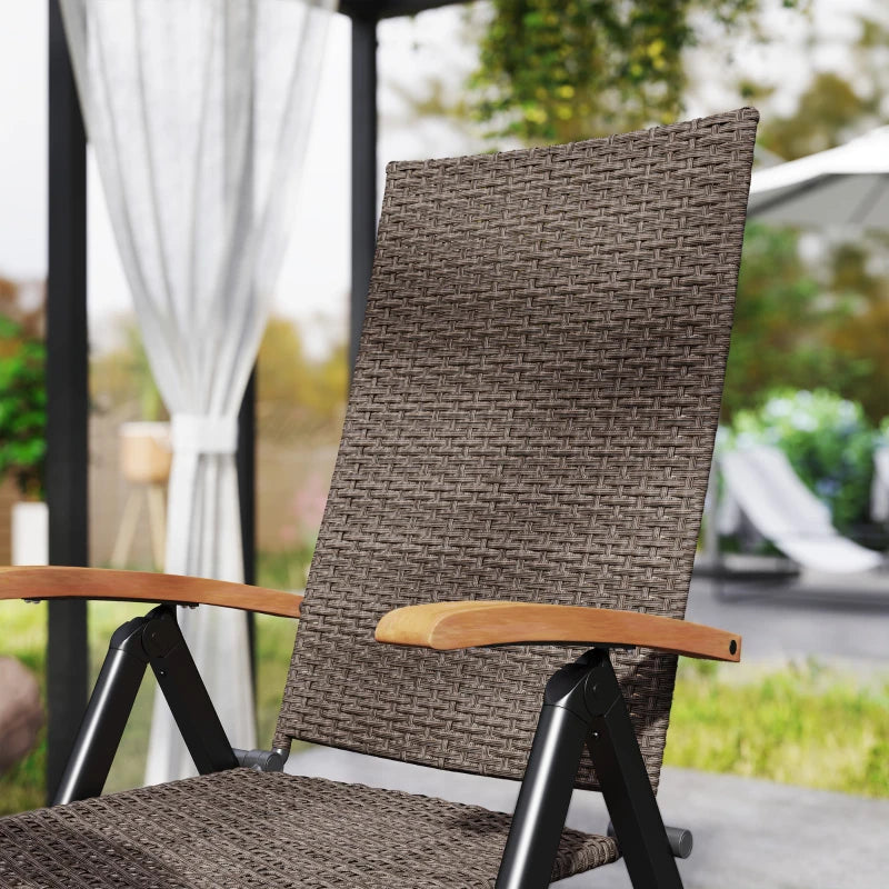 2 Piece Folding Rattan Garden Dining Chairs with Reclining High Back and Wood Armrests