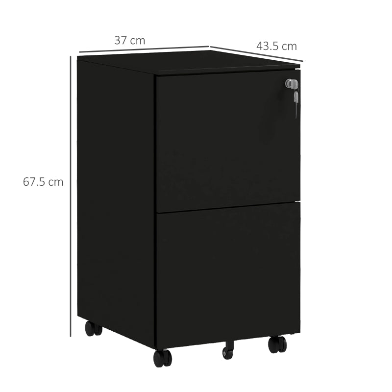 Vinsetto 2-Drawer Vertical Filing Cabinet with Lock & Wheels - Mobile Steel File Cabinet for A4, Legal, Letter Size - Black