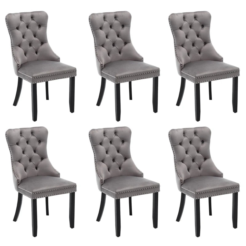 Set of 6 Grey Velvet Dining Chairs - Button Tufted Backrest, Wingback Design, Solid Wood Legs, Foot Pads - 50L x 64W x 96H cm