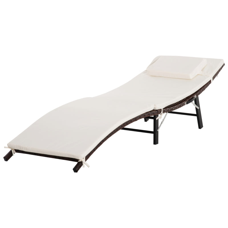 Cream White Rattan Folding Sun Lounger with Cushion and Pillow