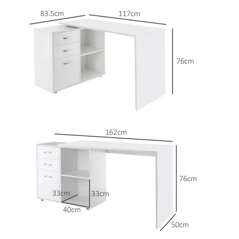 L Shaped Computer Desk with Drawers & File Cabinet - Reversible Home Office Study Table, 117x83.5x76cm, White