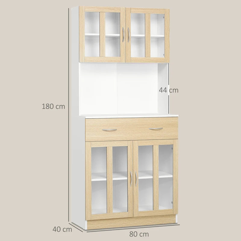 Modern Freestanding Kitchen Cupboard - 180cm Storage Cabinet Hutch with Central Drawer & 2 Glass Door Cabinets