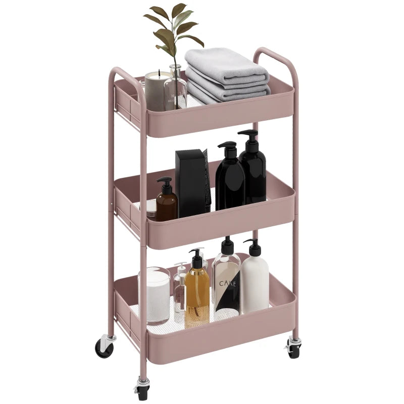 Three Tier Pink Steel Storage Trolley for Kitchen and Home Organization