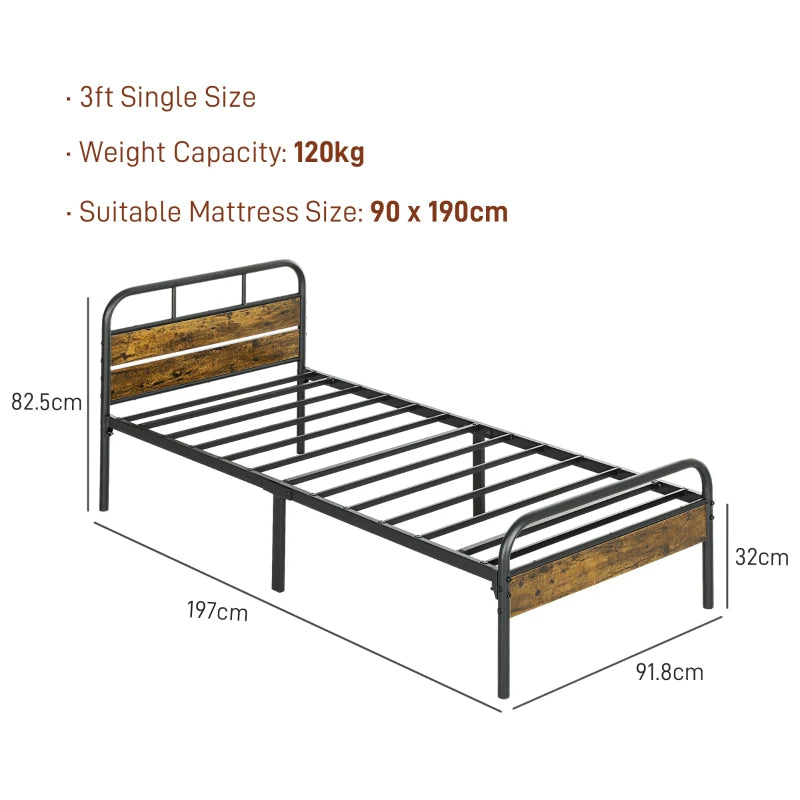 Industrial-Style Black and Brown Single Bed Frame - Sturdy Metal and Wood Design for Modern Bedrooms