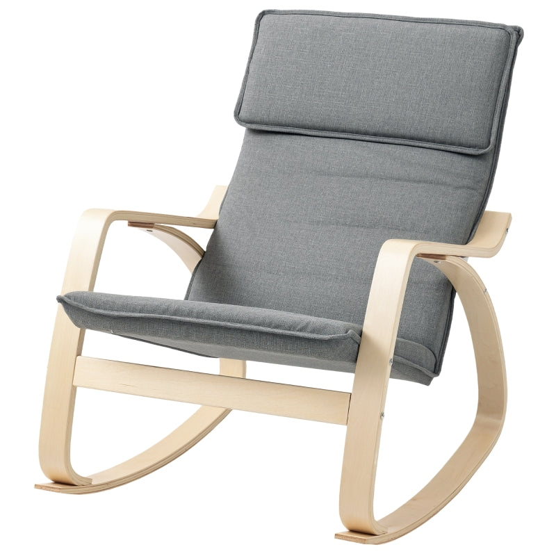 Comfortable Upholstered Rocking Chair with High Back and Headrest for Living Room and Bedroom in Grey
