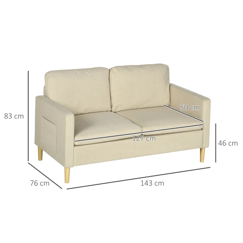 Modern Two-Seater Sofa for Living Room, Stylish Fabric Couch with Wooden Legs and Storage Pockets, Beige