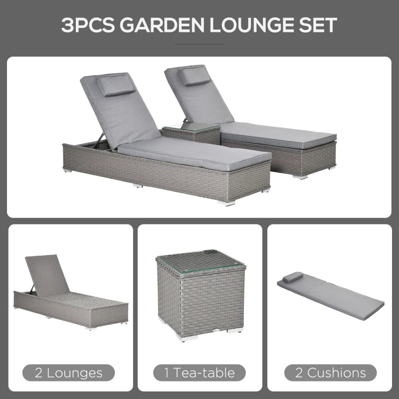 Grey Rattan Sun Lounger Set with Side Table