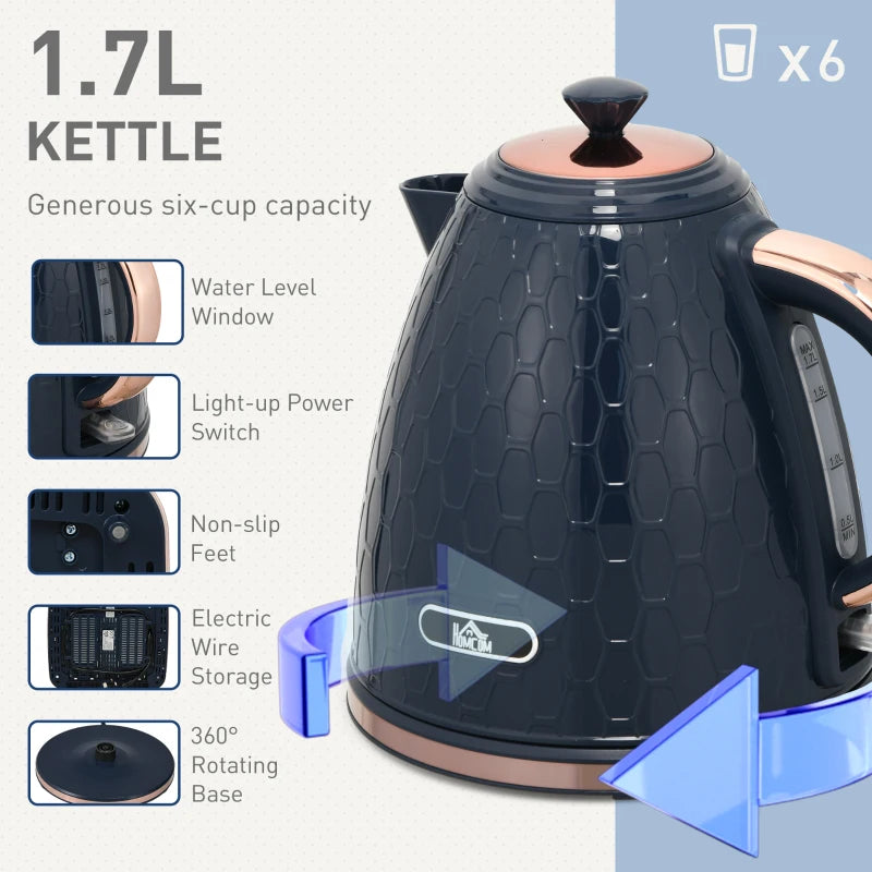 Blue Kettle and Toaster Set - 1.7L Fast Boil Jug Kettle & 4 Slice Toaster with 7 Browning Levels, UK Thermostat