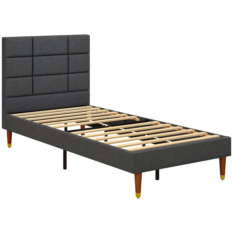 Stylish Grey Upholstered Single Bed Frame with Slats 161x208x121cm for Modern Bedrooms