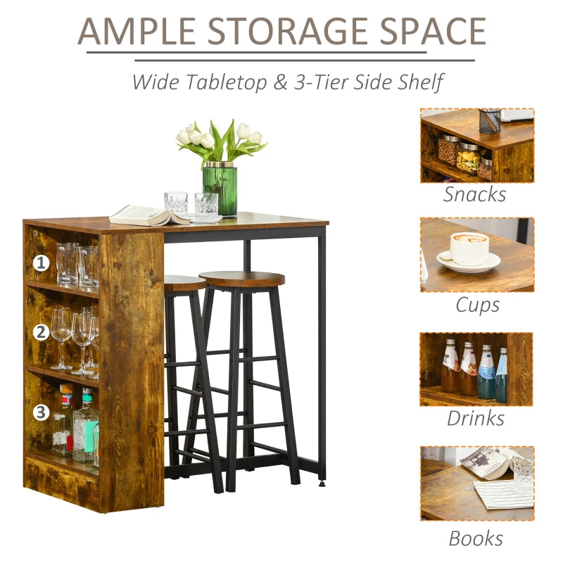 Industrial Bar Table Set for 2 - 3 Piece Pub Table & Bar Stools with Storage Shelf for Kitchen & Dining
