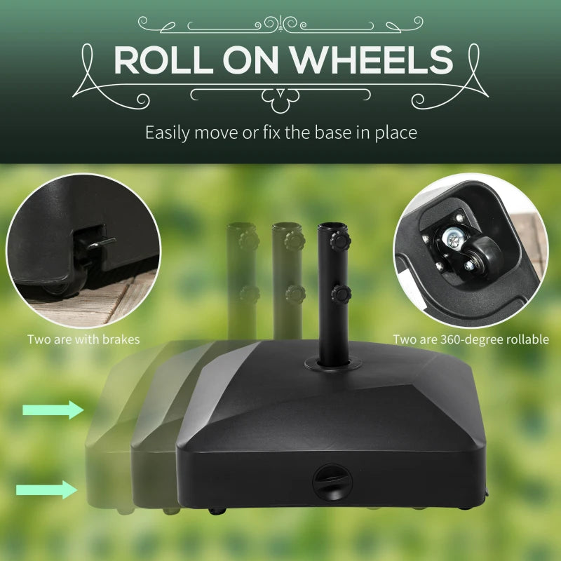 Black Garden Parasol Base Holder, 43kg Water or 60kg Sand Filled, Umbrella Stand with Wheels and Brakes