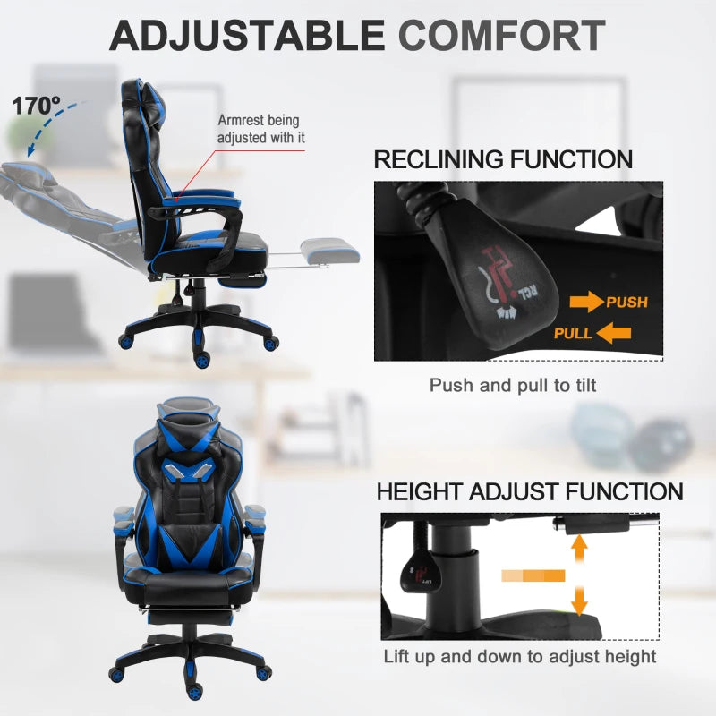 Vinsetto Blue/Black Faux Leather Reclining Gaming Chair with Footrest - Ergonomic Comfort for Gamers