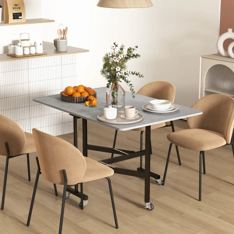 Mobile Drop Leaf Folding Dining Table with 6 Wheels & Brakes - Space-Saving Kitchen Table in Grey Marble Effect