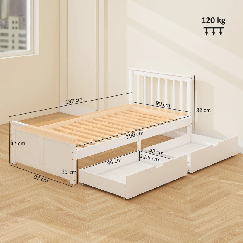 Stylish White Wooden Single Bed Frame with Storage Drawers - Perfect for Kids and Guest Rooms
