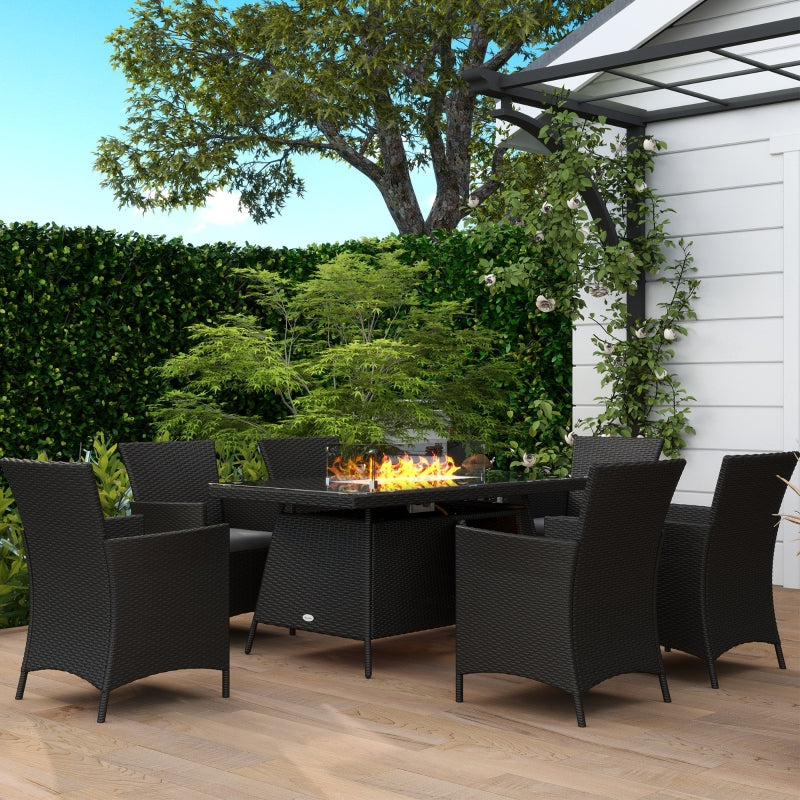 7-Piece Black Outdoor Rattan Garden Furniture Set with Fire Pit Table, 6-Seater Dining Set with Cushions and Propane Heater, 50,000 BTU