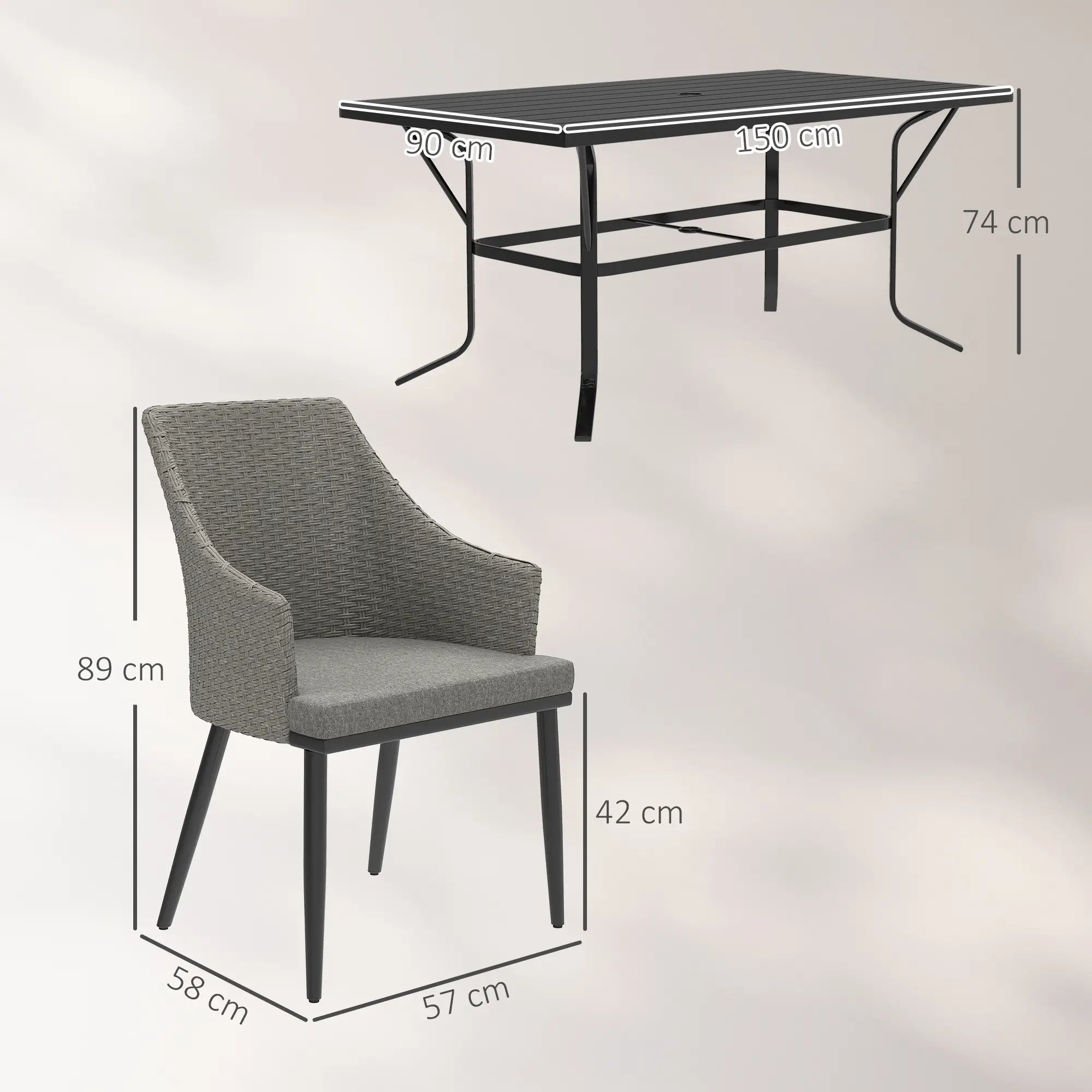 6 Seater Rattan Dining Set with Cushions, Armchairs, Rectangle Slatted Table Top, Steel Frame & Parasol Hole