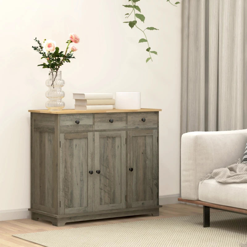 Modern Grey Wood-Effect Sideboard with Rubber Wood Top, 3 Doors, 3 Drawers & Adjustable Shelves - Stylish Storage Cabinet for Dining & Living Room