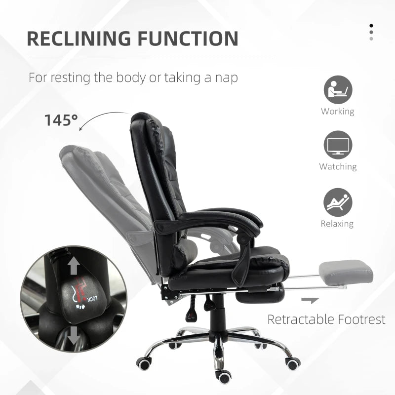 Executive PU Leather Office Chair with Swivel Wheels, Reclining Backrest & Retractable Footrest - Ergonomic Black Home Office Seating