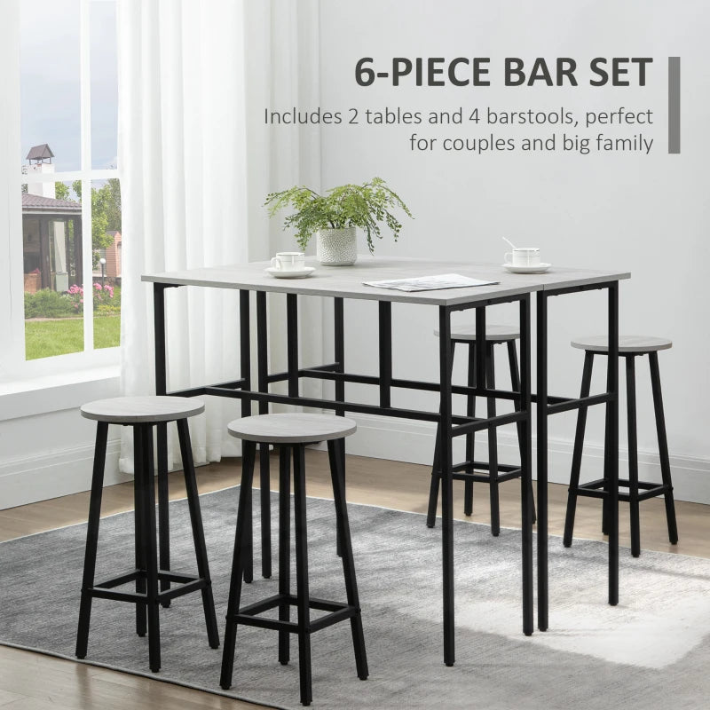 6-Piece Grey Bar Table Set - 2 Breakfast Tables & 4 Stools, Counter Height Dining for Kitchen & Living Room