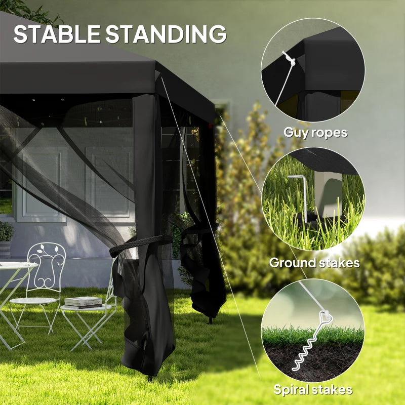 3m x 3m Black Pop Up Gazebo - 420D Garden Tent Canopy with Removable Mesh Sidewall Netting and Carry Bag for Outdoor Patio