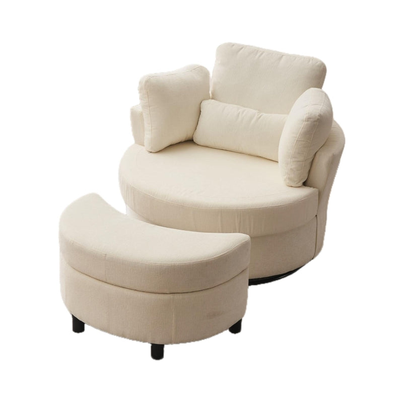 Ivory Chenille Swivel Armchair with Cushions and Ottoman Stool, 360° Recliner Sofa, 107L x 105W x 82H cm