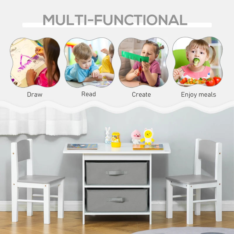 3-Piece Kids Table & Chairs Set - Mini Furniture for Playroom & Bedroom with Storage Drawers - Safe for Ages 2-4, White