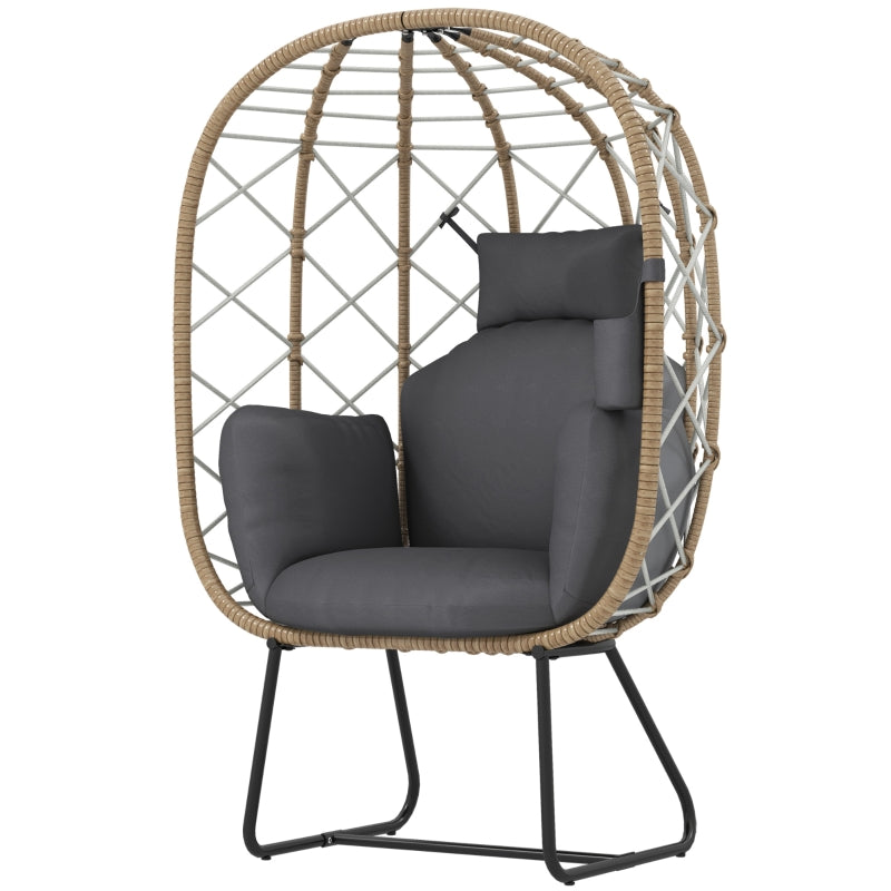Brown Rattan Egg Chair - Outdoor Indoor Wicker Chair with Thick Cushion & Headrest, Metal Frame Garden Egg Chair with Cup Holder, Perfect for Patio & Balcony