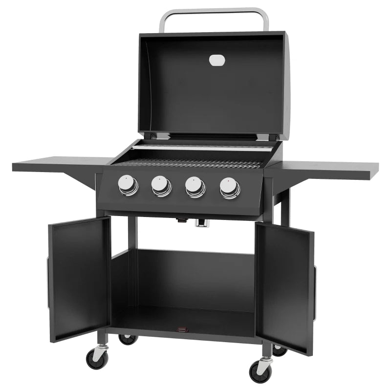 4-Burner Gas BBQ Grill in Black with Warming Rack & Storage