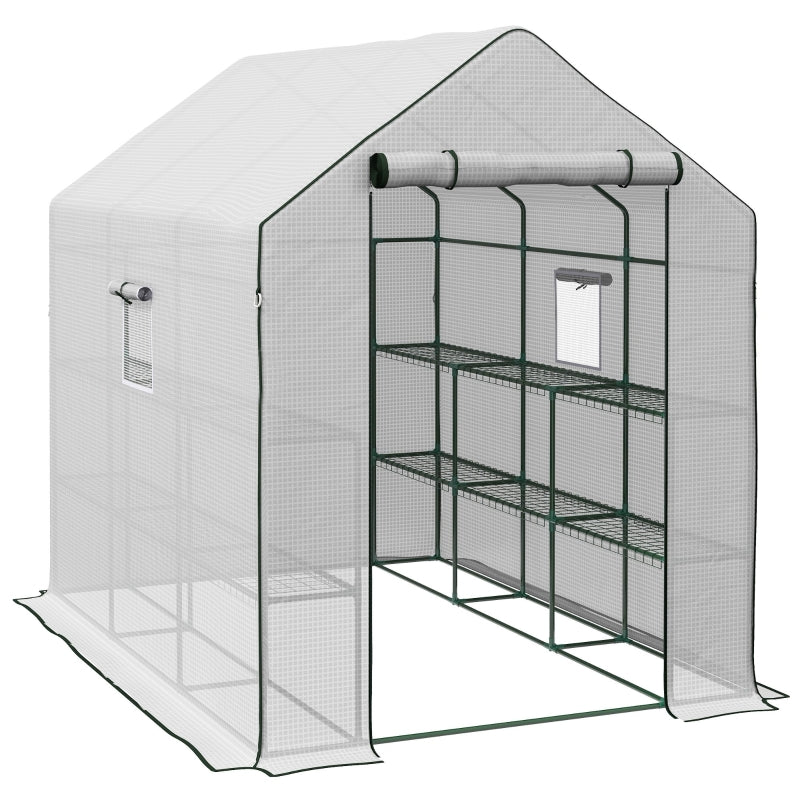 White 3-Tier Walk-in Greenhouse with PE Cover, Roll-up Door, and Mesh Windows